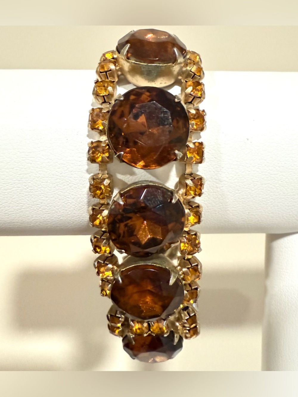 Vintage Amber & Orange Glass Rhinestone Wide Bracelet Juliana ?? Statement 7”